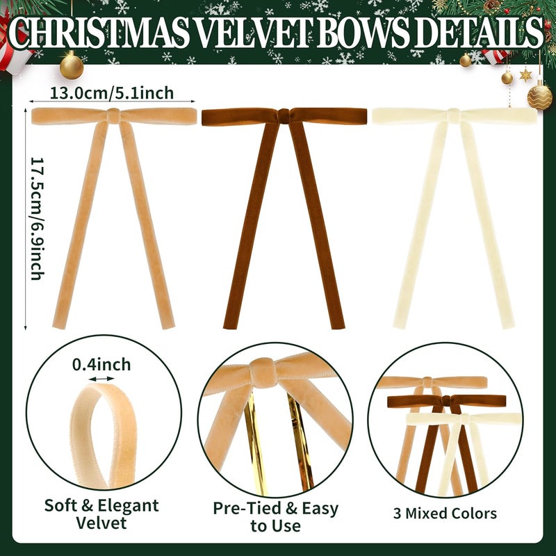 Lavwix 40Pcs Velvet Ribbon Bows, 5x7 Inch Pre-Tied Bows Christmas Ornaments for Xmas Tree, Garland, Wreath, Gift and Holiday Home Décor (5 x 7 Inch, Width of 3/8",Champagne, Khaki, Brown) - Image 2